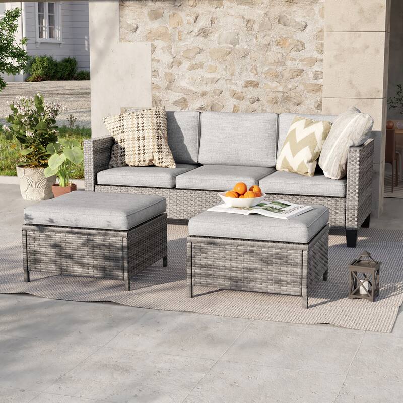 LIVOOSUN 3Pcs Patio Furniture Conversation Brown Rattan Patio Sofa Set