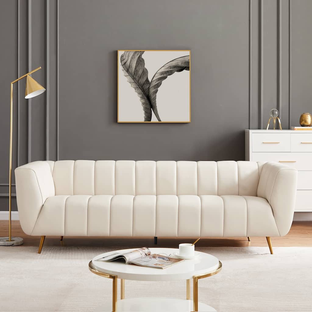 Clovis Mid-Century Modern Furniture Style Upholstered Leather Couch in Cream
