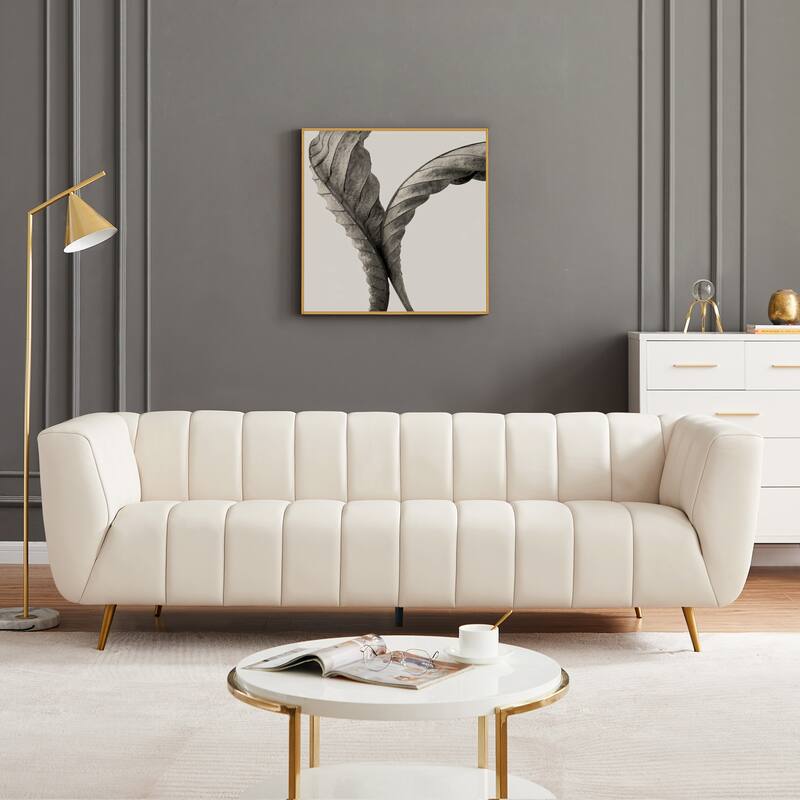 Clovis Mid-Century Modern Furniture Style Upholstered Leather Couch in Cream - Cream