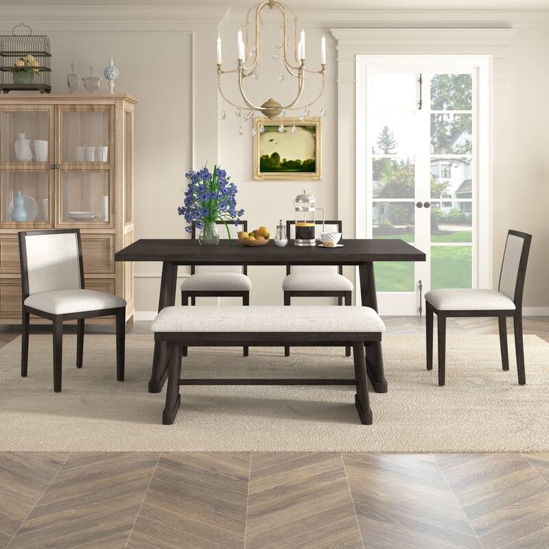 59.8" Farmhouse Dining Table with 4 Upholstered Chairs and 1 Padded Bench