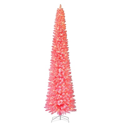 9 ft Pre-lit Flocked Fashion Pink Pencil Tree, 1031 Tips, 450 UL Clear Incandescent Lights