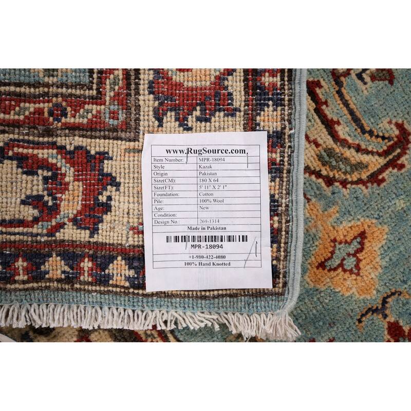 Light Blue Floral Kazak Oriental Runner Rug Hand-Knotted Wool Carpet - 2'1" x 5'11"