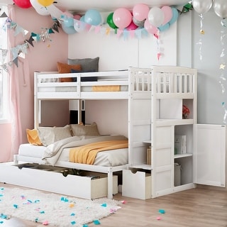 Twin over Full/Twin Bunk Bed, Storage Shelves and Drawers,3 Beds in 1 Bunk Bed,Space-saving,No Need Spring box,White