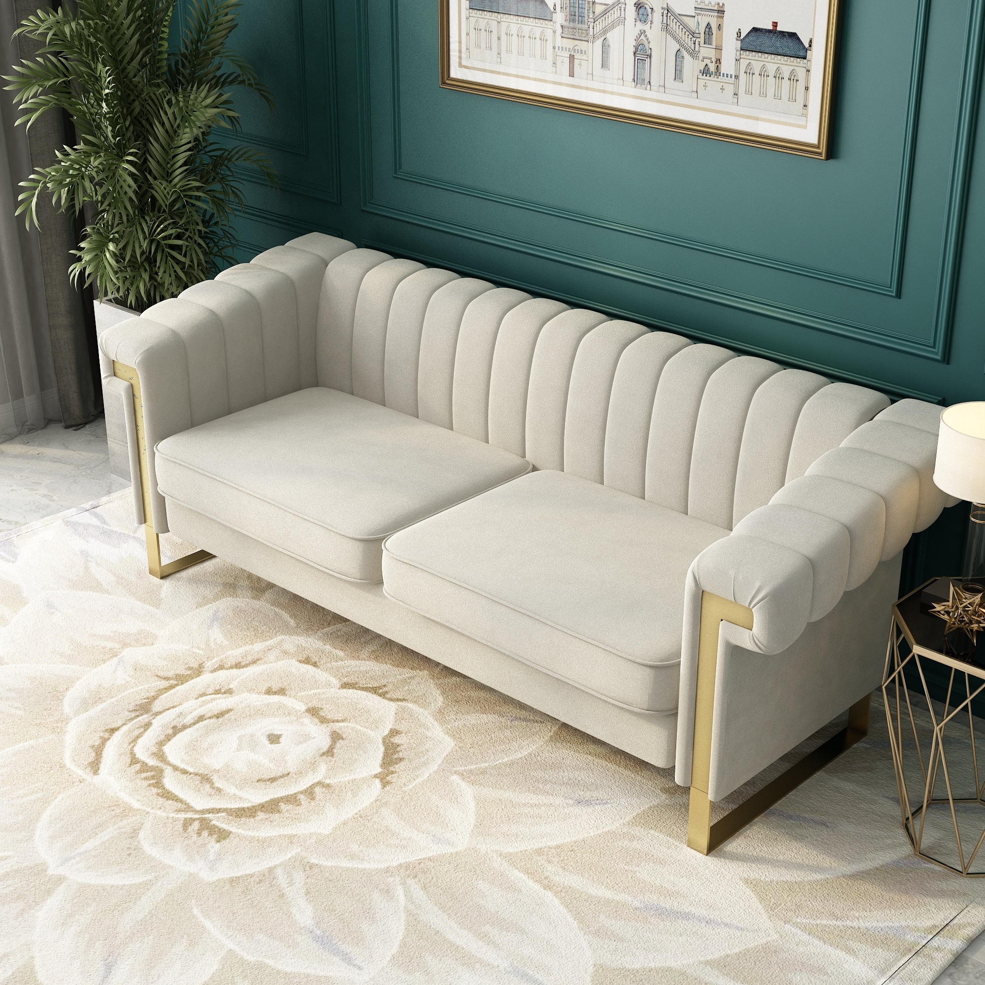 Mid-Century Channel Tufted Velvet Sofa with Metal Legs