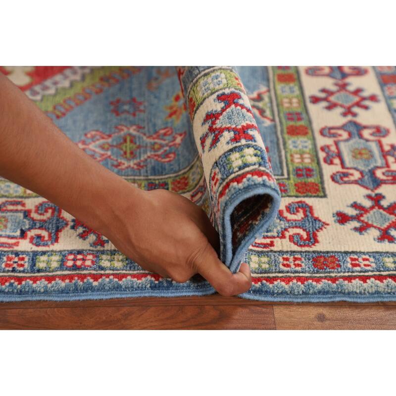 Light Blue Geometric Kazak Rug Hand-Knotted Wool Carpet - 3'3" x 4'11"