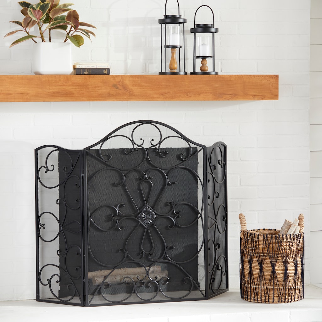 Black Metal Foldable 3 Panel Scroll Fireplace Screen with Mesh Netting