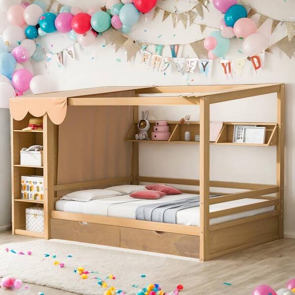 slide 2 of 32, Wooden Natural Full size House Bed with 2 Drawers and Built-in Wardrobe Natural