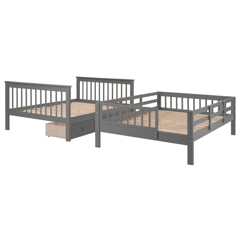Versatile Full Over Full Bunk Bed Convertible 2 Individual Full-size Beds with Drawer, Stairway, Open Storage and Guard Rail