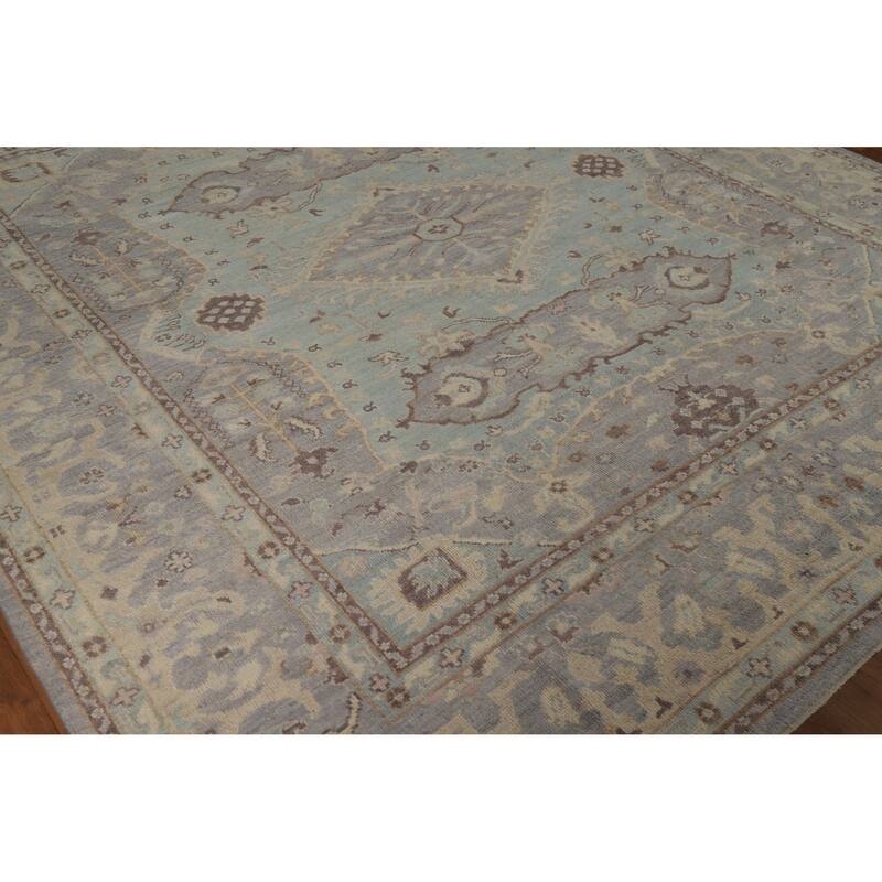 Hand Knotted Oriental 100% Wool Carpet Transitional Floral Navy Blue & Blues Oushak Area Rug - 9' 5'' X 8' 3''