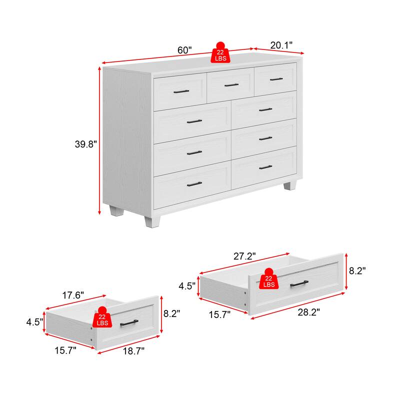Modern 9-Drawer Dresser with Solid Wood Legs, Vintage Brown and White Wood Grain Options, Bedroom Storage Chest