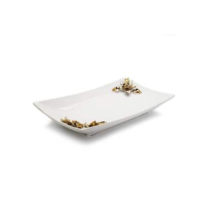 White Porcelain Tray with Flower on handles - 16"L x 11"W