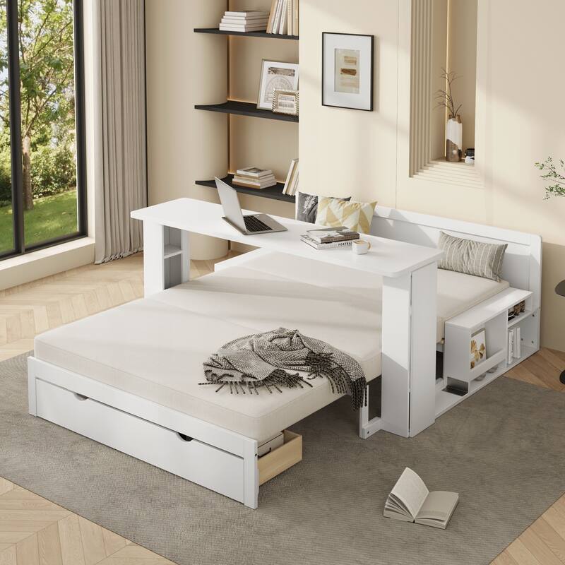 Full Size Daybed with Removable Desk, Storage Drawers & Hydraulic Side Table
