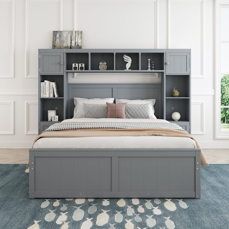 Full Size Wood Bed with All-in-One Cabinet and Shelf