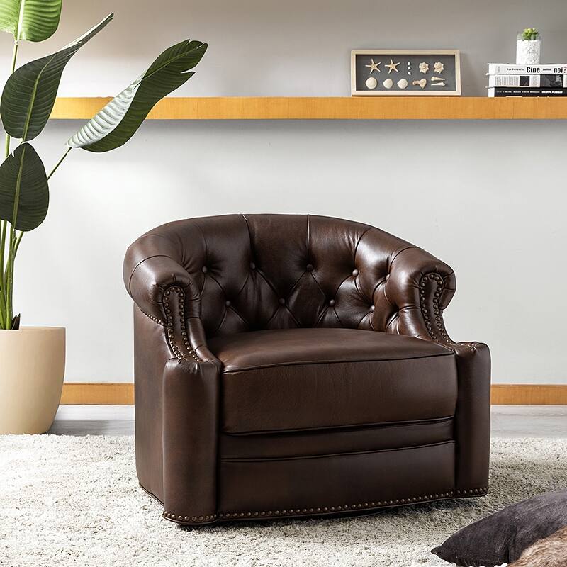 Felipe Traditional Genuine Leather 360° Swivel Chair With Tufted Back with Fully Assembled By HULALA HOME - Chocolate