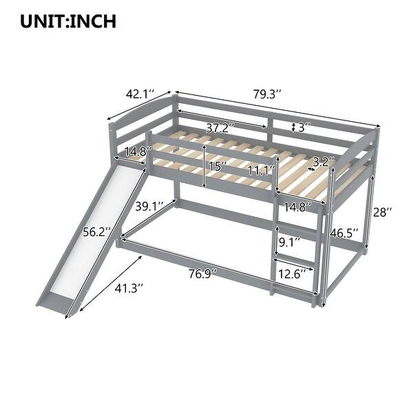 dimension image slide 1 of 2, Minimalist Twin over Twin Wooden Floor Low Bunk Bed Kids Bed with Convertible Slide,Ladder and Guardrail