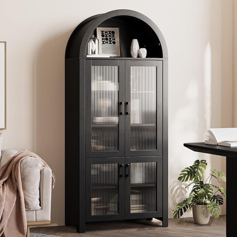 71" Tall Arched Cabinet with Glass Doors, Modern Farmhouse Arched Bookcase Storage with Shelves, Pantry Cabinet