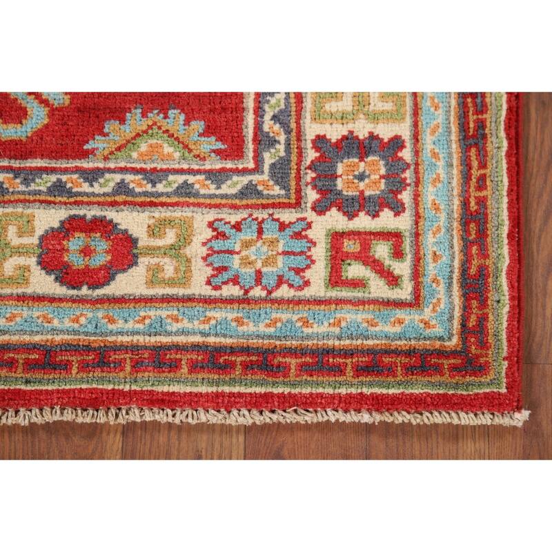 Red Kazak Foyer Rug Handmade Geometric Wool Carpet - 2'9" x 3'10"