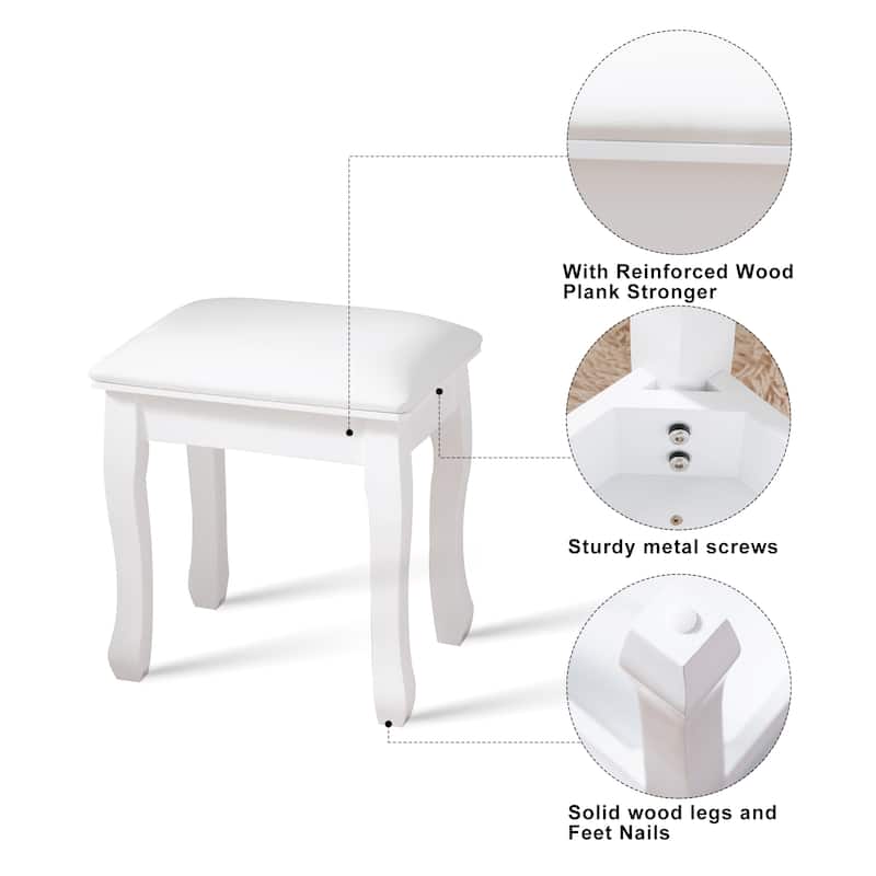 Vanity Stool Padded Makeup Bench with Solid Wood Legs - White