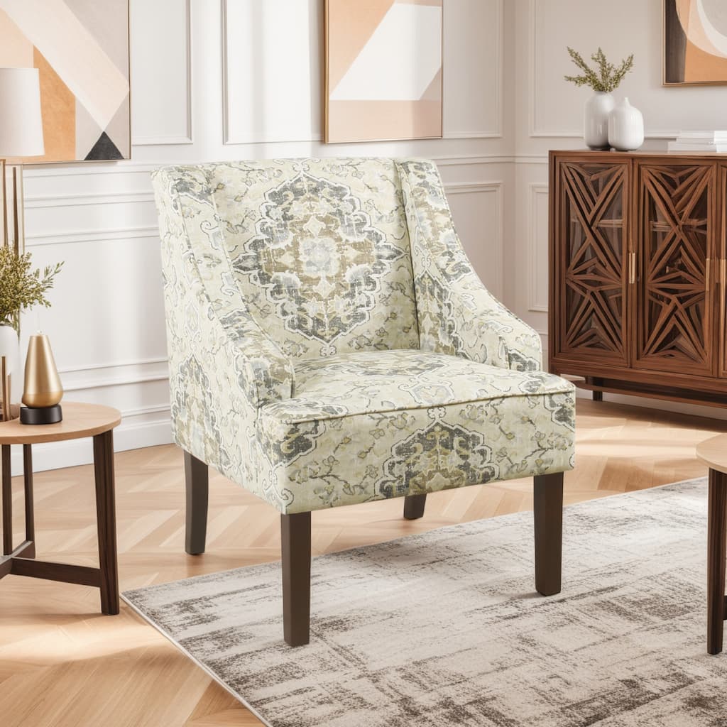 Fabric Upholstered Wooden Accent Chair with Swooping Armrests, Multicolor