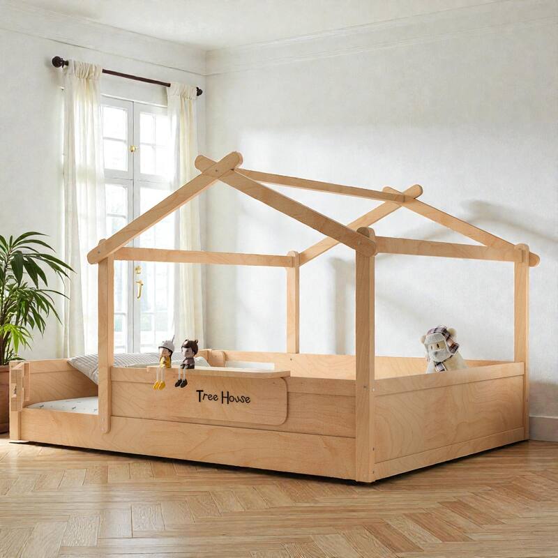 Kids House Floor Bed with Guardrails and Roof, Built-in Tray and Signboard, Montessori Floor Bed for Toddlers