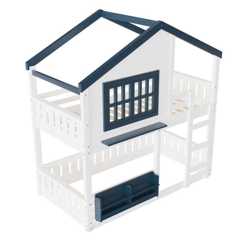 Full/Twin Bunk Bed with Bookshelf, House Design Loft Bed with Safety Fencing, High-Quality Kids Bed Frame