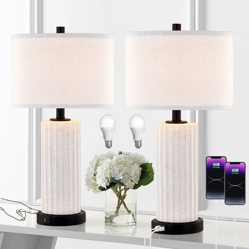 KAWOTI 23inch Ceramics Table Lamp Set with Bulbs, USB Ports (set of 2) - W12" * H23.25"