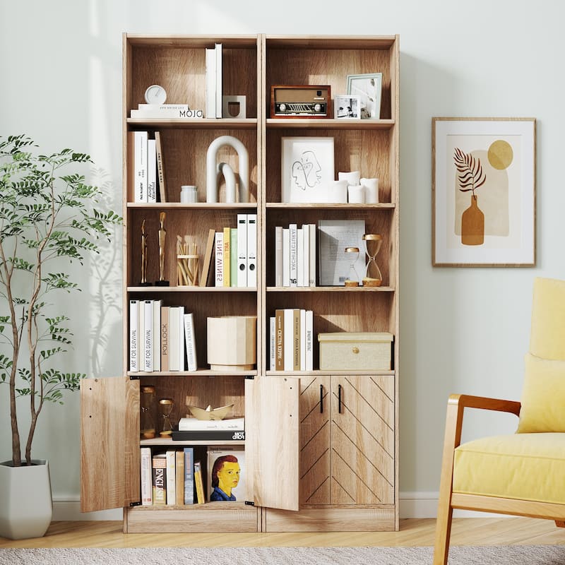 Gymax 71'' Bookshelf w/2-Door Cabinet 6-Tier Bookcase Tall Storage
