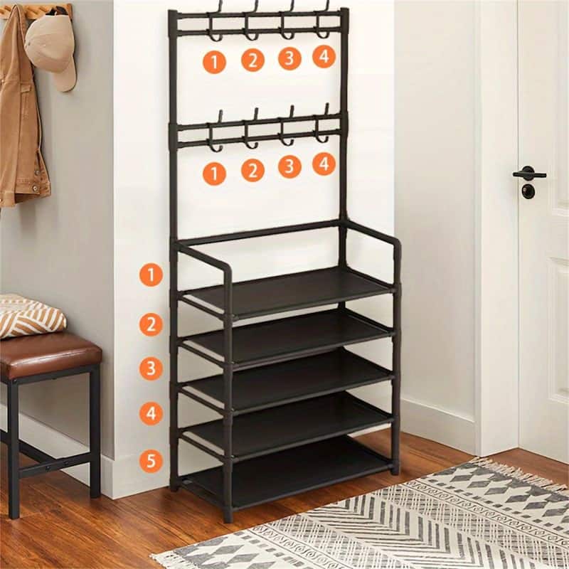 Multifunctional Storage Rack, 4-in-1 Self-Assembled Shoe Rack with Hooks