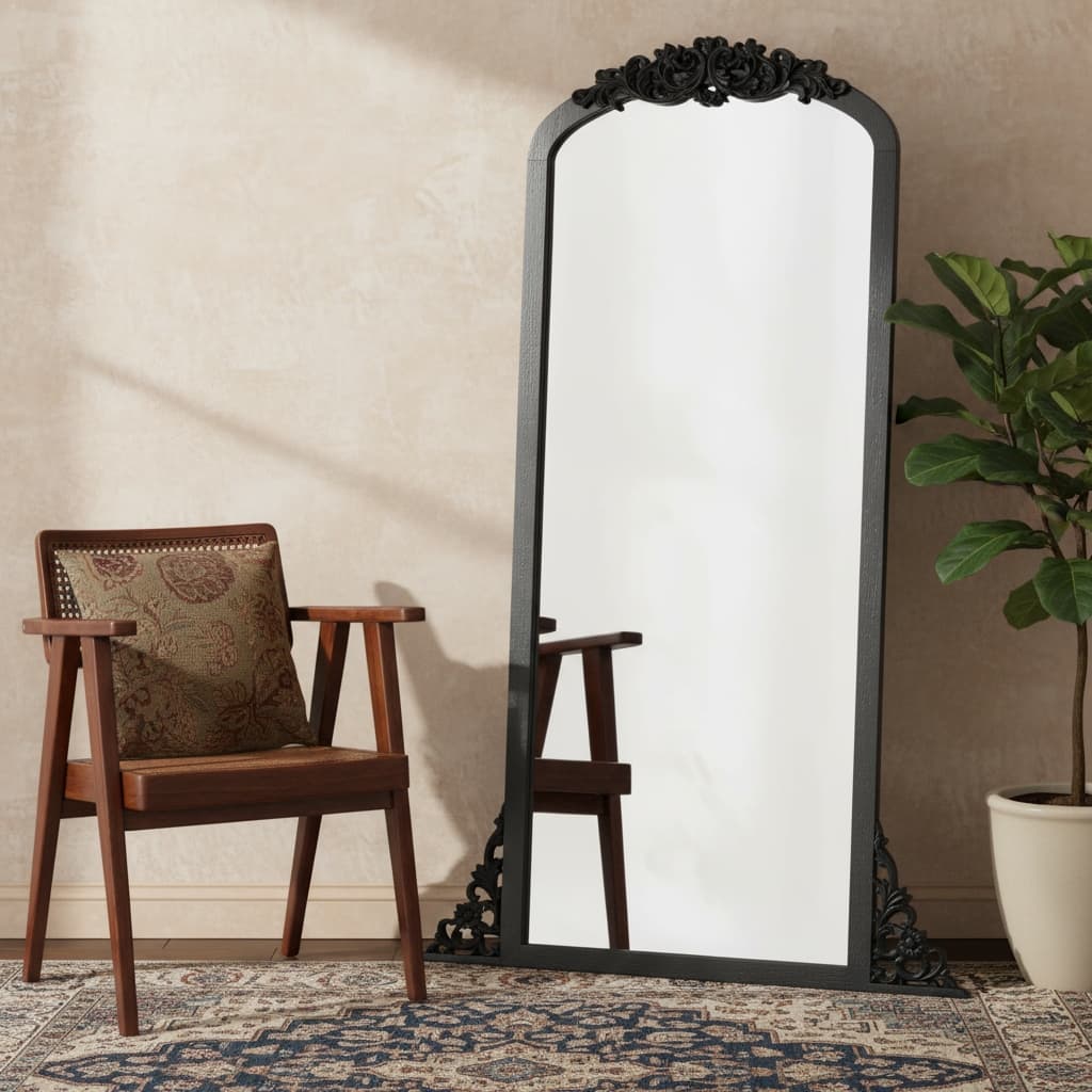 HomeRoots 67" Black Solid Wood Framed Full Length Mirror - 27.51 in. x 66.81 in. x 1.57 in.