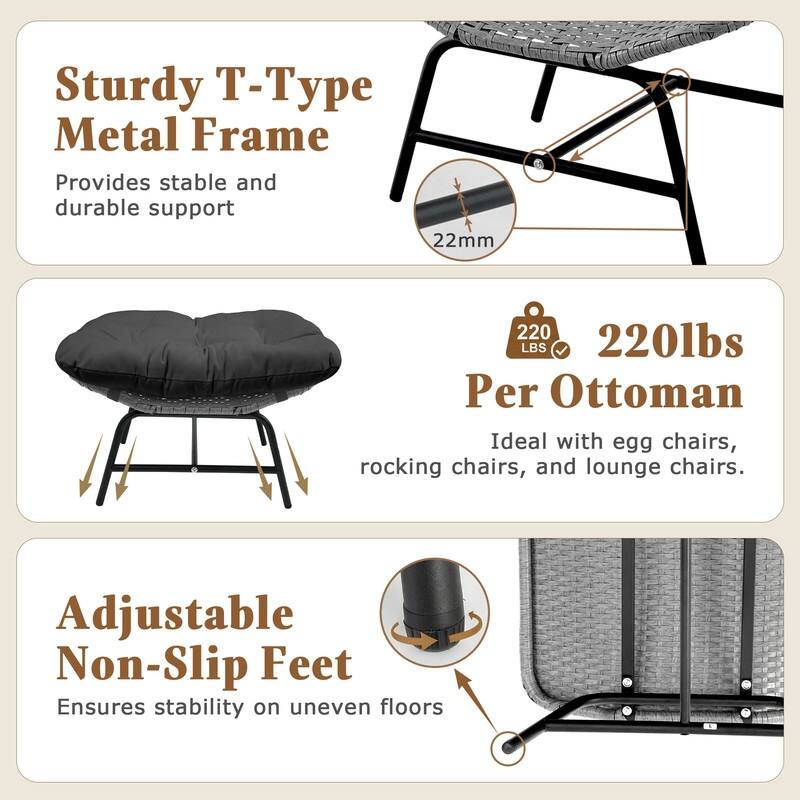 2-Piece Outdoor Wicker Ottomans with Cushions, Weather-Resistant Boho Patio Rattan Footrests for Garden, Porch, and Balcony