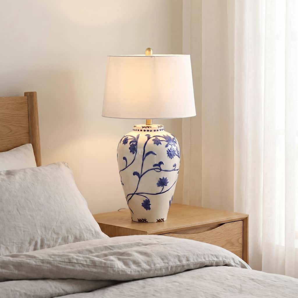 Blue and White Porcelain Ceramic Table Lamp with Burlap Shade