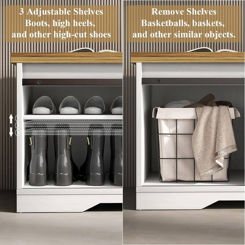 WESOME 47 inch Shoes Bench with Sliding Barn Door Storage Cabinet and Adjustable Shelves - 47.24"Lx15.35"Dx18.7"H