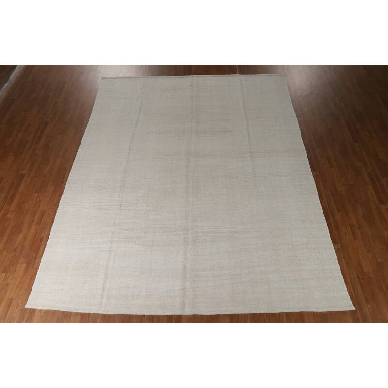 Hand Woven Oriental Cotton Carpet Modern Solid Beige & Ivories Kilim Area Rug - 12' 4'' X 9' 9''