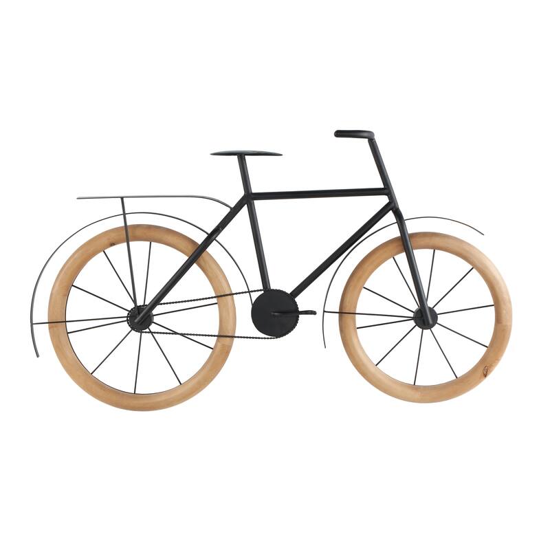 Black Metal Bike Home Wall Decor with Brown Wooden Wheels
