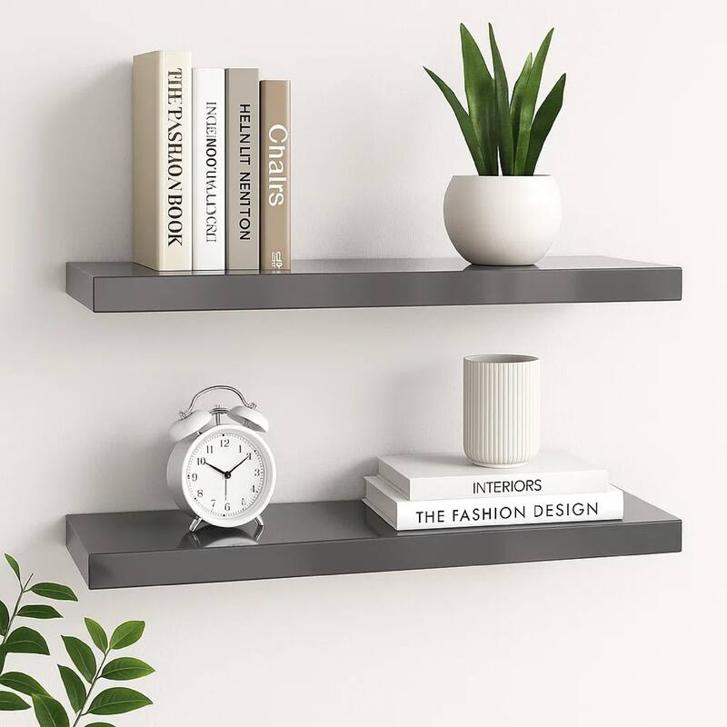 Zyno Wall Shelf Set of 2, Glossy Gray MDF Body, Modern Design 32 Inch