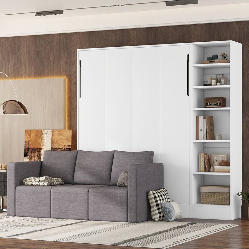 White Full Size Murphy Bed with Sofa and Built-in Shelves, Space-Saving Design