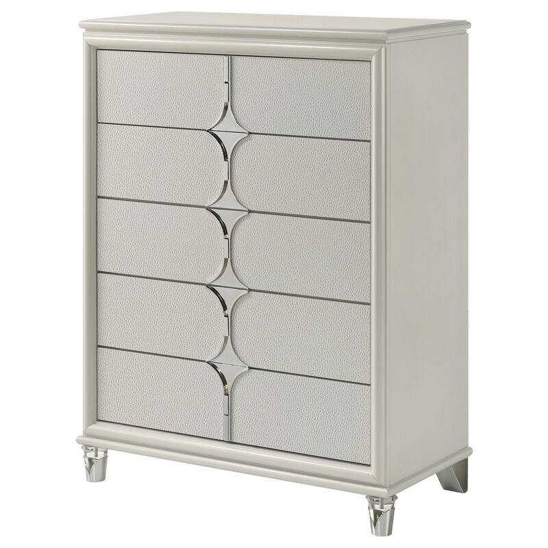 Ory Tall Dresser Chest w 5 Drawers, Chrome Star Handle, Pearl Ivory