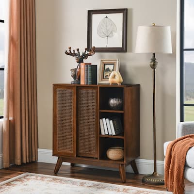Mid Century Modern Rattan Sideboard Cabinet, Buffet Cabinet,Adjustable Shelf, Solid Wood