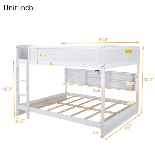 dimension image slide 0 of 2, Queen Over Queen Bunk Bed with Built-in Storage Cabinets, Charging Station, Ladder & Safety Guardrails, Brwon