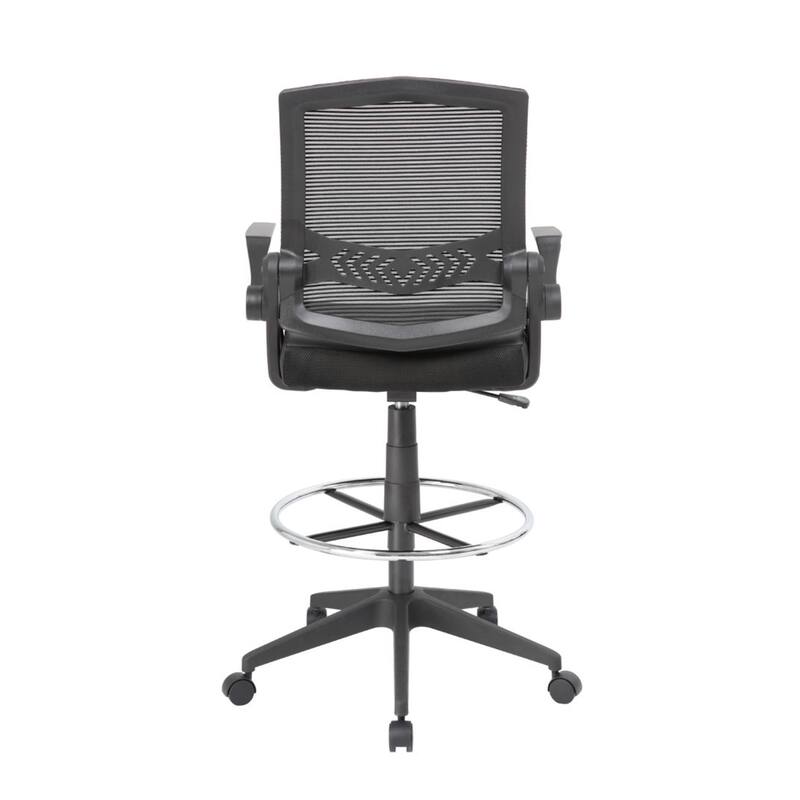 Drafting Stool Chair, Flip-Up Arms, Black Linear Mesh, Chrome Footring