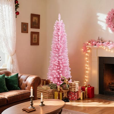 Gymax 5 FT Pink Artificial Christmas Tree Slim Pencil Xmas Tree w/ 328