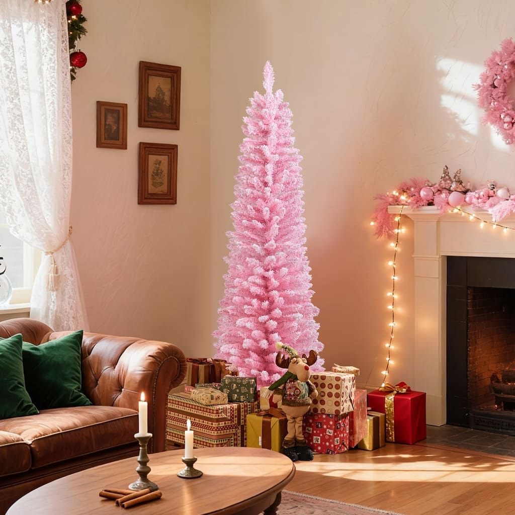 Gymax 5 FT Pink Artificial Christmas Tree Slim Pencil Xmas Tree w/ 328