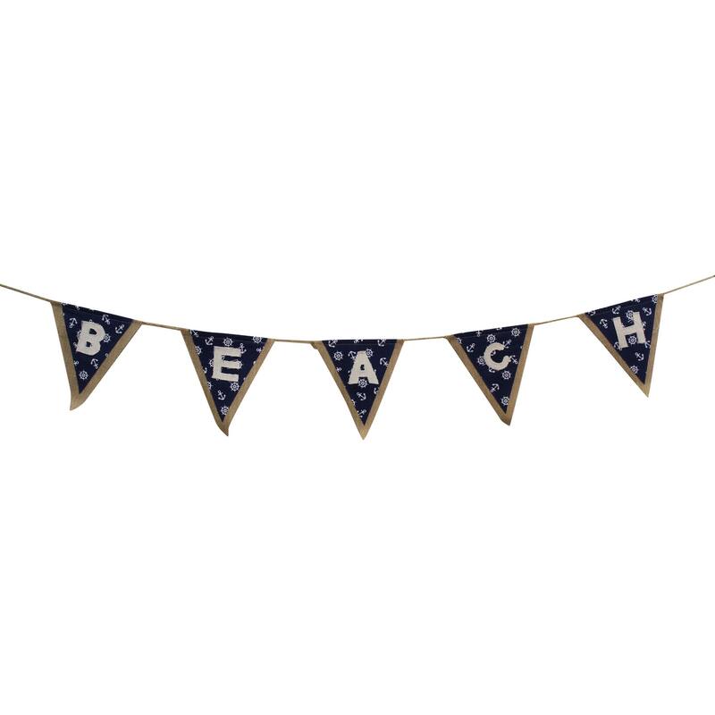 Nautical Beach Navy and White Burlap and Printed Fabric Banner 70.75 Inches - Blue,White