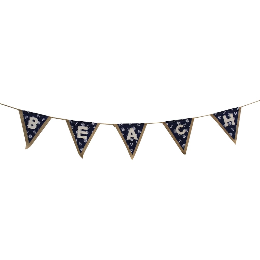 Nautical Beach Navy and White Burlap and Printed Fabric Banner 70.75 Inches - Blue,White
