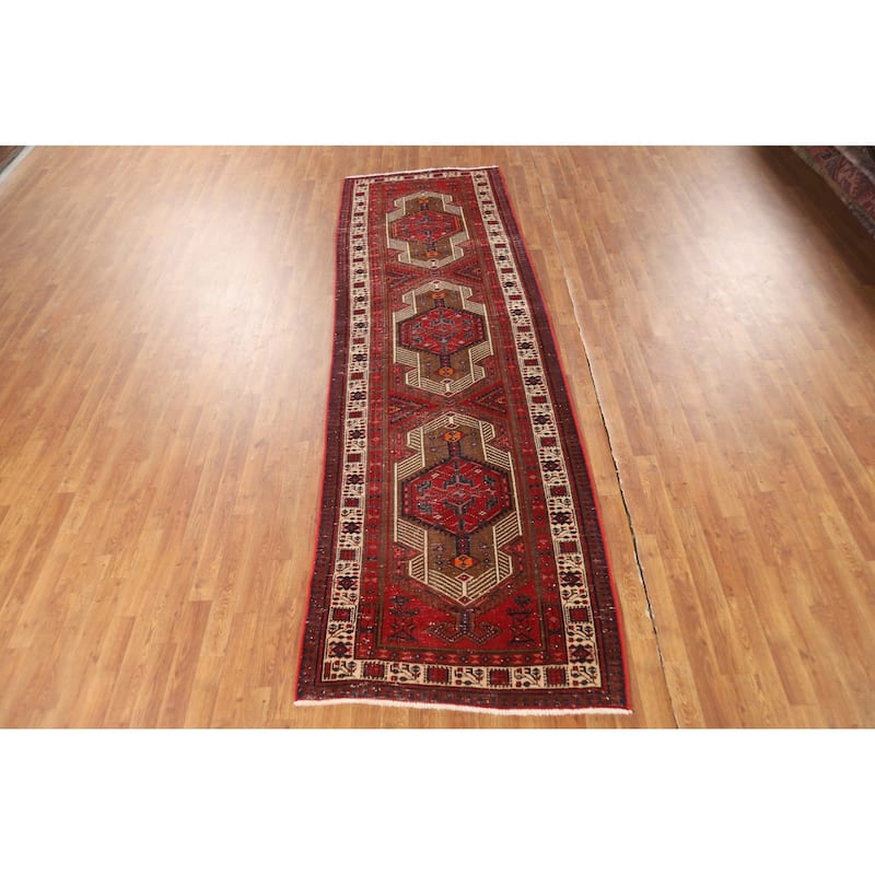 Tribal Ardebil Persian Vintage Runner Rug Hand-Knotted Wool Carpet - 3'4"x 11'1"