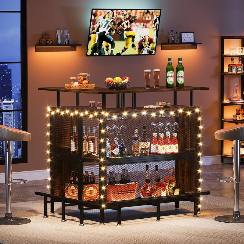 Industrial Home Bar Unit 3-Tier Bar Table with Wine Rack