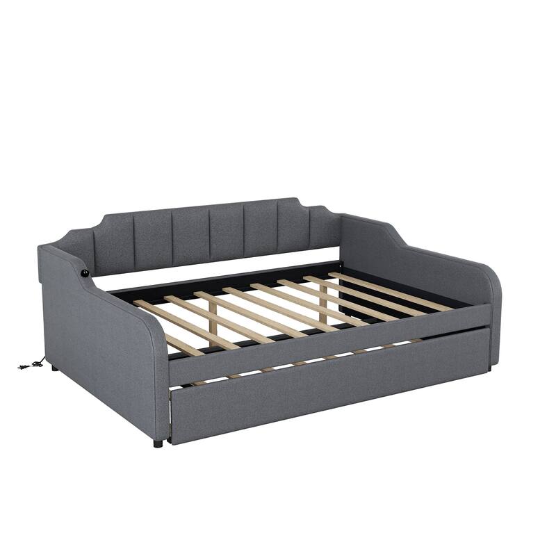 Full Size Upholstery Daybed Frame with USB Charging Design and Pull-out Trundle Bed for Bedroom Guest Room, Gray