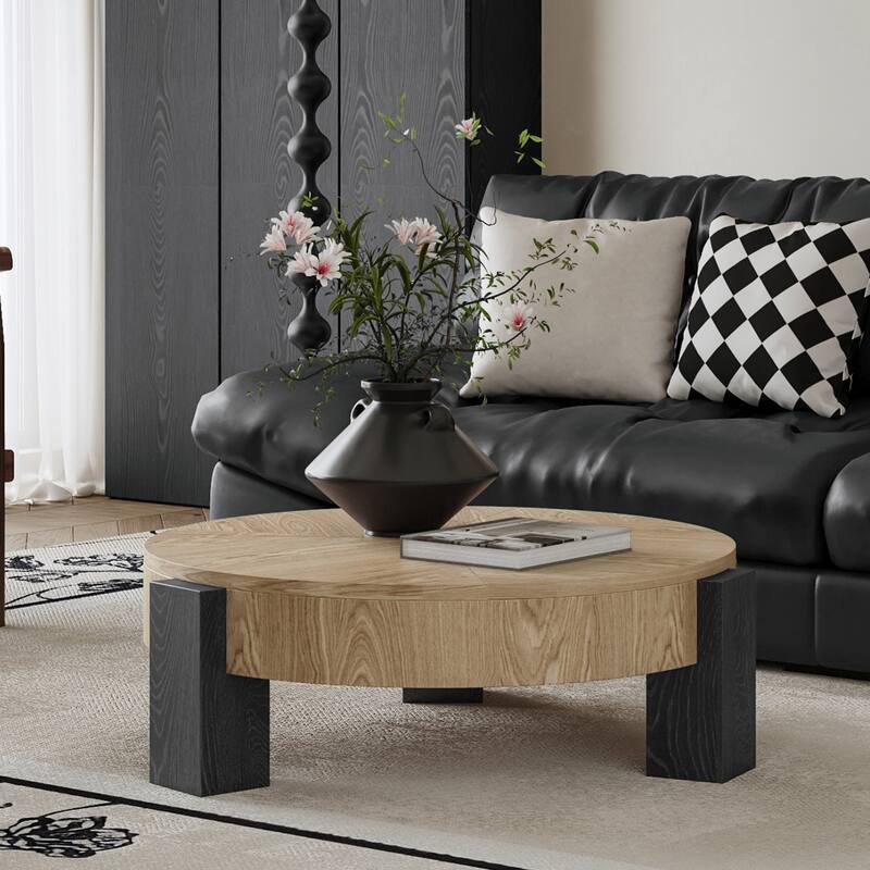 33" Round Coffee Table with Hidden Storage, Parquet Veneer Top Table, 3 Block Legs Sturdy Center Accent Table for Living Room