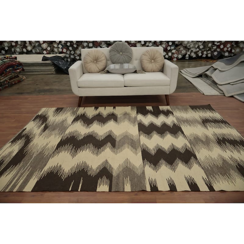 Hand Woven Oriental 100% Wool Carpet Southwestern Modern Beige & Ivories Kilim Area Rug - 8' 9'' X 6' 0''