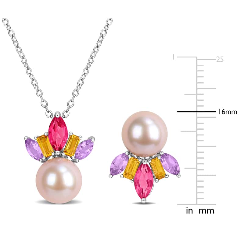 Miadora Sterling Silver Gemstone and Cultured Freshwater Pearl Necklace and Earrings Set